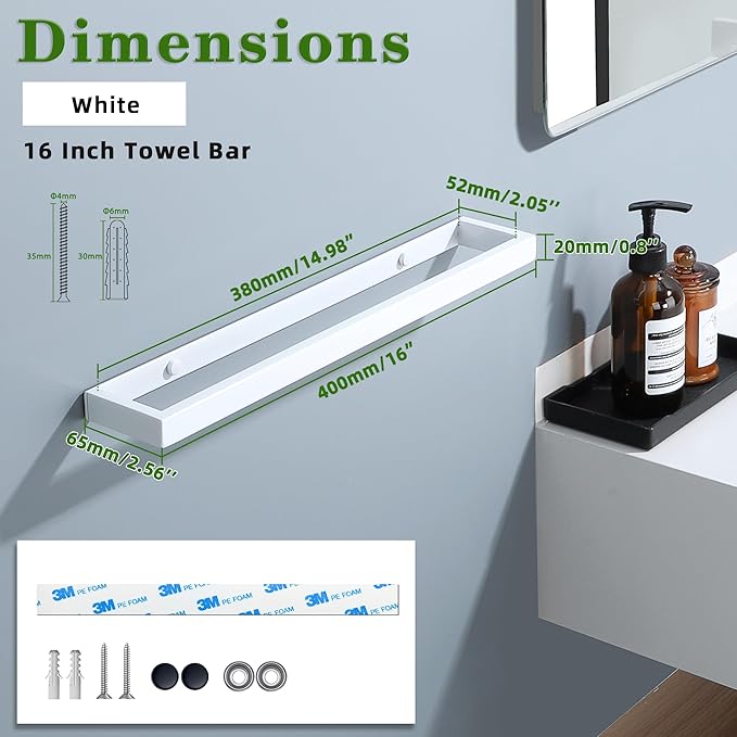 Alise 16 Inch Hand Towel Holder Towel Bar for Bathroom Wall Mounted by Adhesive or Drilling,Towel Racks for Bathroom Lavatory,SUS304 Stainless Steel Towel Hanger Towel Rail,White