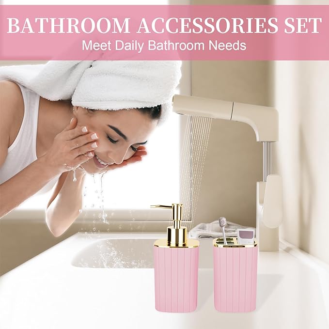 2PCS Bathroom Accessories Set, Pink Bathroom Accessories Include Soap Dispenser and Toothbrush Holder for Boho Bathroom Decor