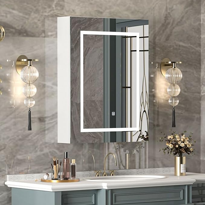 Bathroom Medicine Cabinet with Mirror, Led Light, Storage - Brightness Adjustable, 27.5 x 19.6 Inch