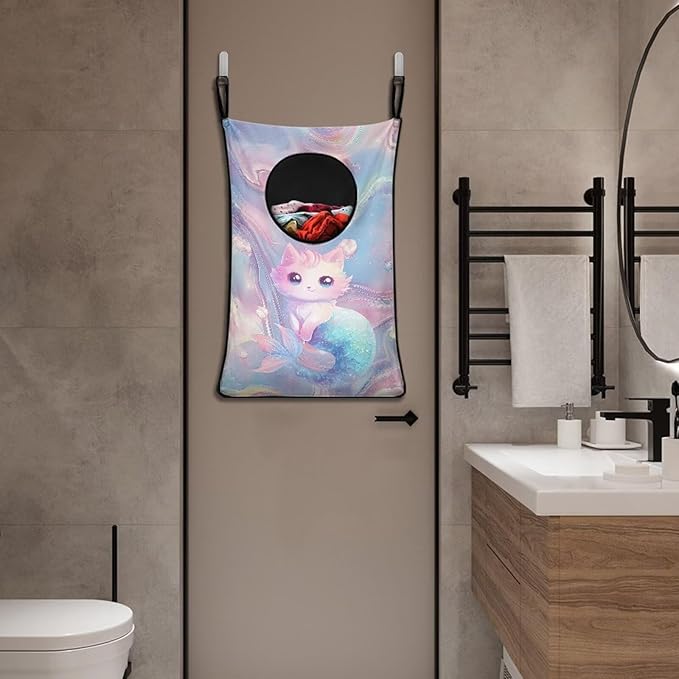 ZOUTAIRONG Cat And Fish Design Over The Door Laundry Hamper Hanging Storage Bag Over The Door Closet Organizers Clothes Hampers Space Saving Laundry Bag