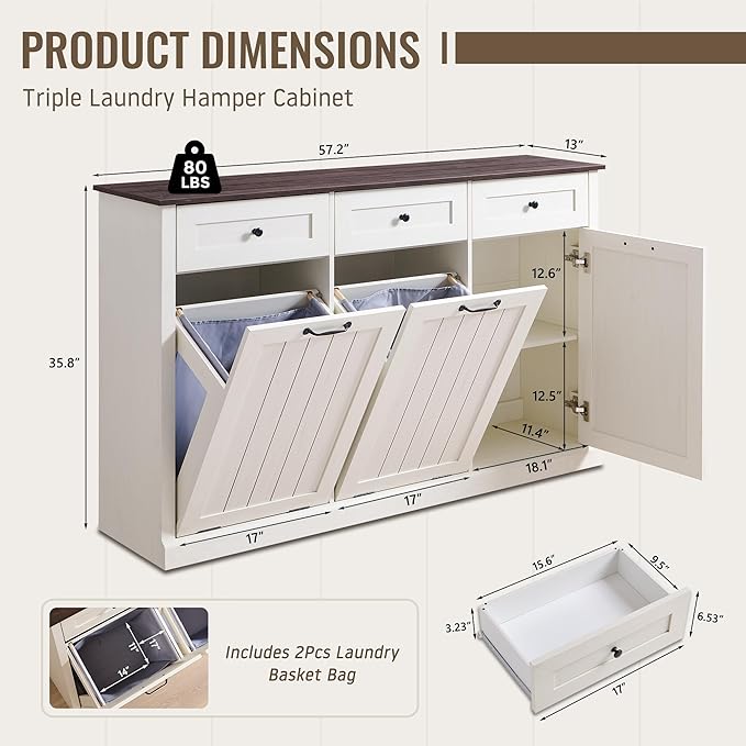 IFBUY Triple Tilt Out Laundry Hamper Cabinet, 20 Gallon Farmhouse Trash Can Cabinet w/Drawer & Adjustable Shelf, Hidden Garbage Can Bin Cabinets w/Laundry Basket for Bathroom, Kitchen (Antique White)
