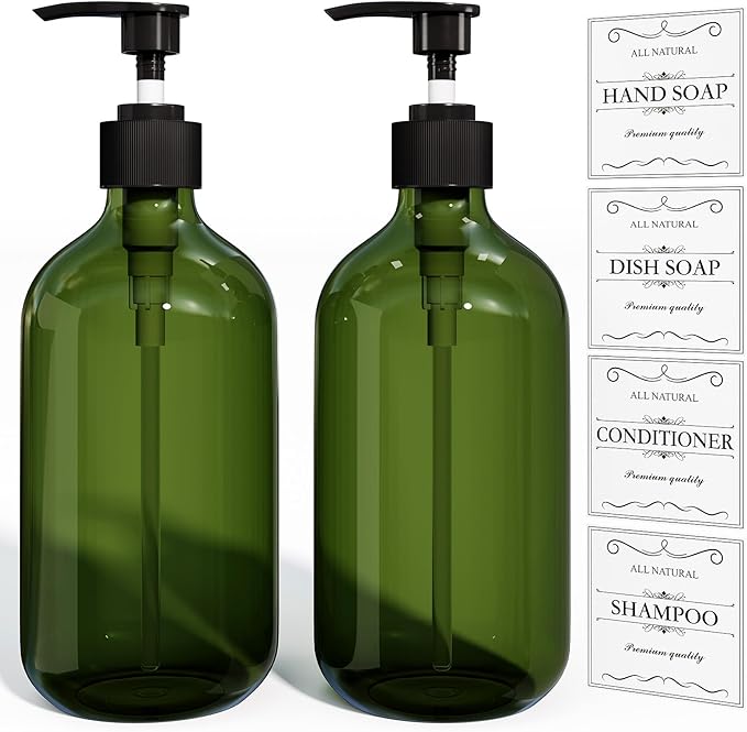 Kzeirm Green Soap Dispenser, Dish & Hand Soap Dispenser Set for Bathroom & Kitchen, Refillable Pump Bottle Dispenser, Plastic Empty Soap and Lotion Dispenser for Liquid, 2 Pcs