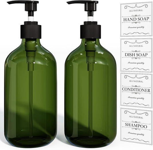 Kzeirm Green Soap Dispenser, Dish & Hand Soap Dispenser Set for Bathroom & Kitchen, Refillable Pump Bottle Dispenser, Plastic Empty Soap and Lotion Dispenser for Liquid, 2 Pcs