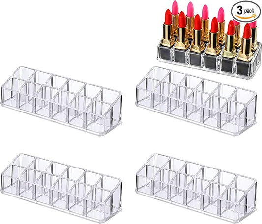 4 Pack Lipstick Organizer, 12 Slot Clear Acrylic Lipstick Holder, Makeup Organizer for Vanity, Drawer, Lip Gloss Storage Display