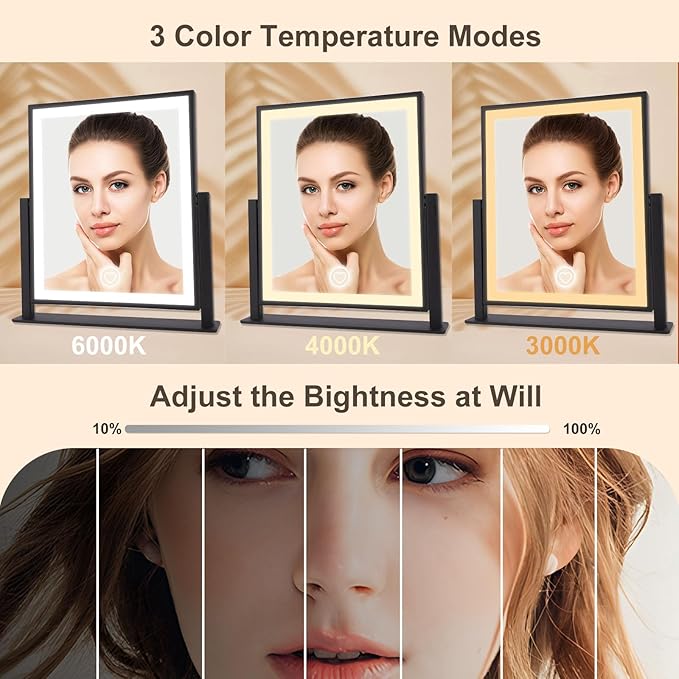 Beelux Vanity Mirror with Lights, 11" Makeup Mirror with Dimmable Light, Smart Control, Memory, Adjustable 3 Modes Lighted LED Mirror for Christmas Birthday Thanksgiving Mother's Day Black