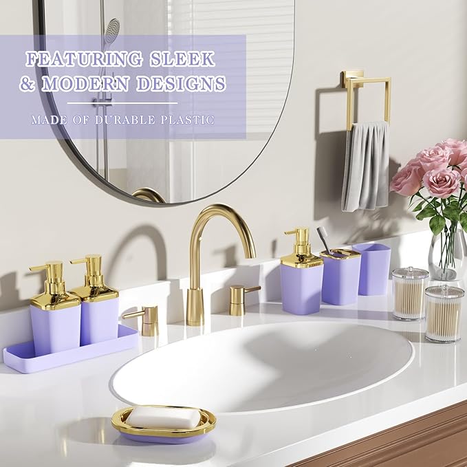 Bathroom Set - 27PC Bathroom Sets with Shower Curtain and Rugs, Purple Bathroom Set, Purple Bathroom Accessories Set with Push-lid Trash Can, Toilet Brush & Soap Dispensers