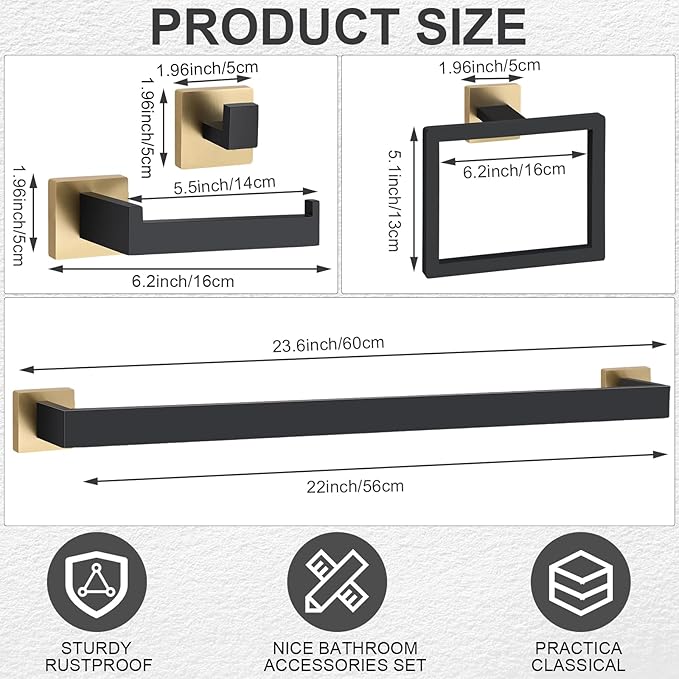 Gisafai 10 Pcs Black Gold Bathroom Hardware Accessories Set 23.6 Inch Bath Towel Bar Kit Stainless Steel Bathroom Hardware Set Towel Racks Ring Robe Hooks Paper Holder for Wall Mounted