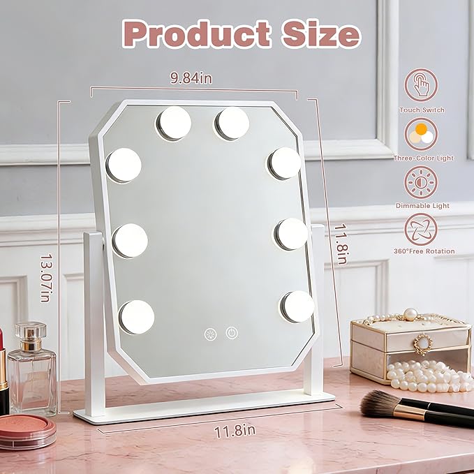 Vanity Mirror with Lights - 11.8"x9.8" Hollywood Makeup Mirror with Dimmable LED Bulbs, 3 Color Modes, Smart Touch Control, Desktop Mirror for Bedroom Dressing Table, Gift for Women Girls (White)