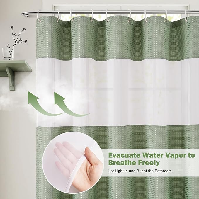 UFRIDAY Waffle Weave Shower Curtain with Mesh Window, Green,36 x 72 Inches, Waterproof