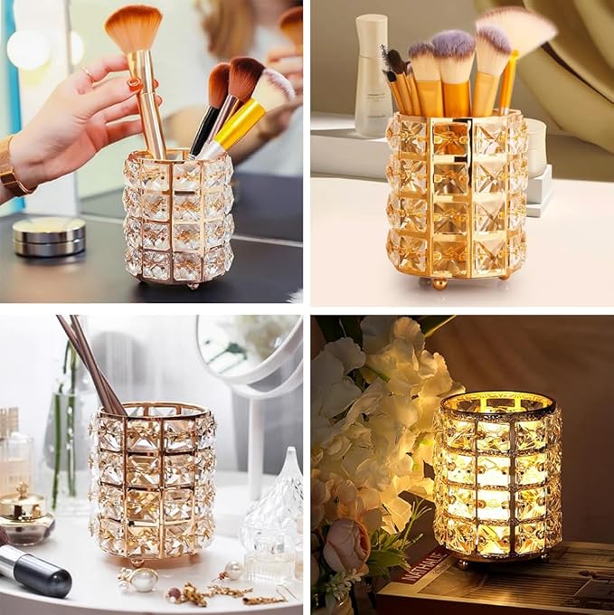 AKOAK 1 Pack Crystal Makeup Brush Holder Office Supplies Storage Rack Eyebrow Pencil/Lipstick/Pencil Makeup Container, Dressing Table, Bedroom, Office (Gold)