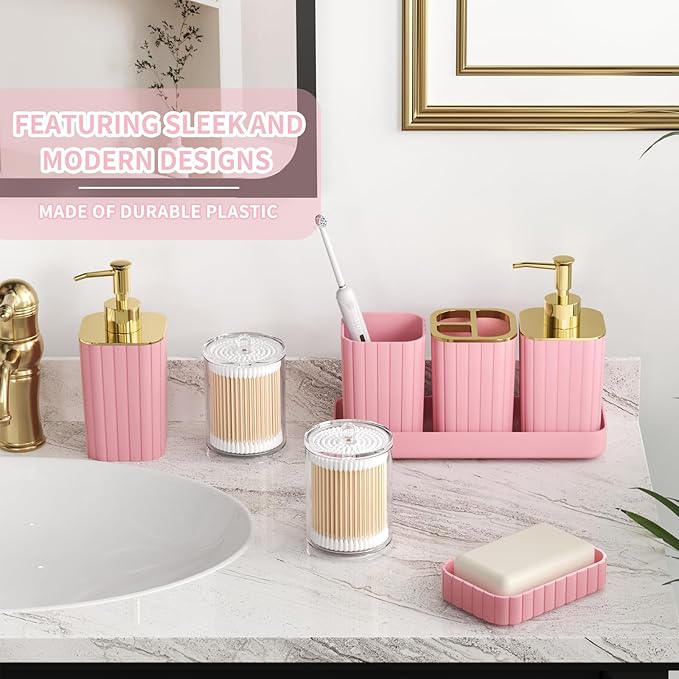 XLHOMO Bathroom Accessory Set - 26PC Bathroom Shower Curtain and Rug Set, Bathroom Accessories Set, Pink Bathroom Set with Trash Can, Toilet Brush, Qtip Holder & Soap Dispenser