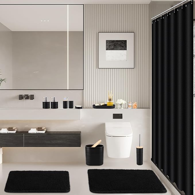 XLHOMO Bathroom Set - Black Bathroom Accessories Set, Bathroom Sets with Shower Curtain and Rugs, 25PC Shower Curtain Set with Hooks, Soap Dispenser, Soap Dish, Toilet Brush Holder and Trash Can