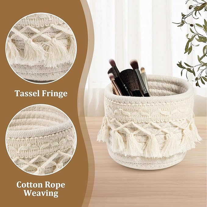 HEAVYWOOD Macrame Makeup Brush Holder Organizer 3.9x3.9 Mini Makeup Containers Boho Small Round Storage Basket Tassels Fringe Decorative Pencil Holder Set of 2 (Cream, 3.9x3.9)