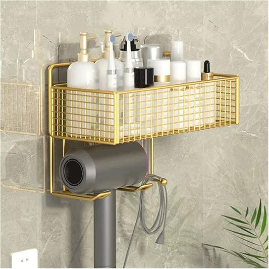 Bathroom Storage Rack Toilet Storage Rack Single Layer Metal toiletries Storage Rack with hairdryer Rack Wall Mounted Metal Seasoning Storage Rack No Punching Bathroom Shelf(Gold)