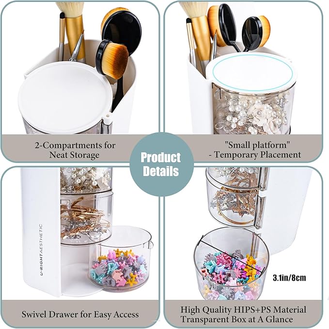 WCHOSOZH 3-Tier Clear Hair Accessories Organizer with Hair Brushes Holder, Rotatable Drawer Makeup Sponge Holder Desktop Organizer Case for Makeup Brush Lipsticks Q-tip Cotton Swab Stationery (White)