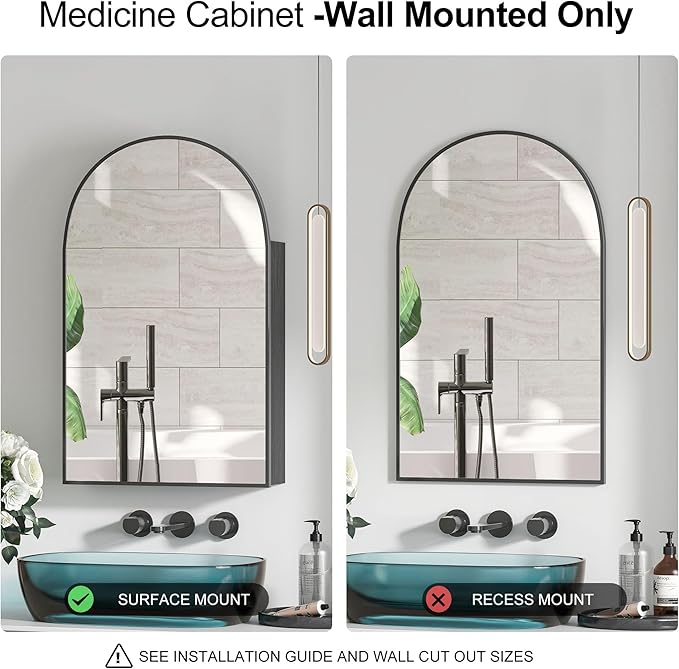 Arched Medicine Cabinet Mirror for Bathroom, Brushed Black Arch Mirror Cabinet with Storage,Adjustable Shelves, Wall Mounted Only, Modern Bathroom Storage,20x32 Inch