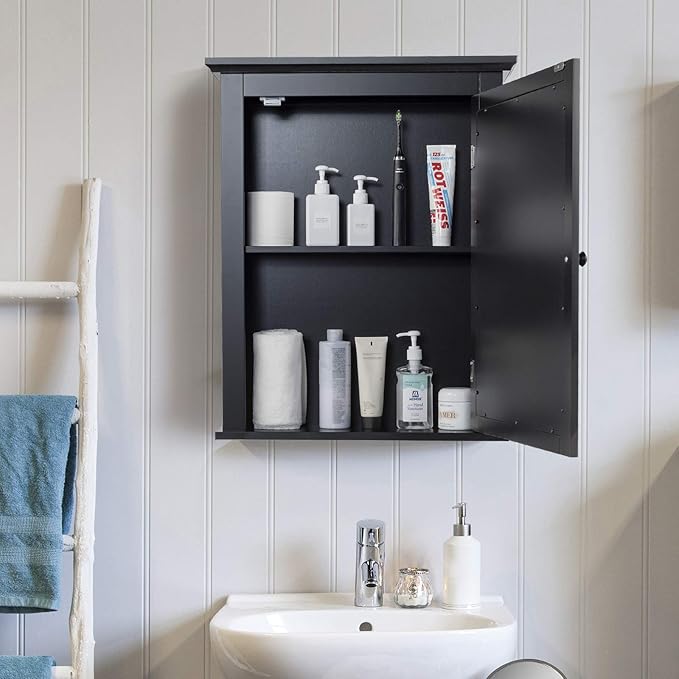 Tangkula Bathroom Cabinet with Mirror, Mirrored Wall-Mounted Storage Medicine Cabinet w/Single Door & Adjustable Shelf in 5 Positions, Multipurpose Wall Cabinet for Bathroom (Black)