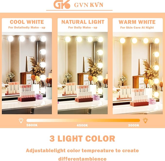 Gvnkvn Vanity Mirror with Lights, 15 Dimmable LED Bulbs Large Hollyhood Makeup Mirror, Light up Mirror with 10X Magnification and USB Charging Port, Smart Touch 3 Colors, Metal Frame