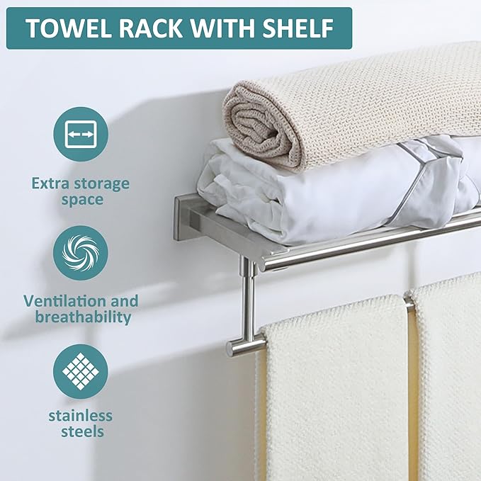 Alise 20 Inch Towel Racks for Bathroom Wall Mounted,Bathroom Towel Rack with Tower Bar,Double Towel Racks for Bathroom,SUS304 Stainless Steel Bathroom Towel Holder Brushed Nickel