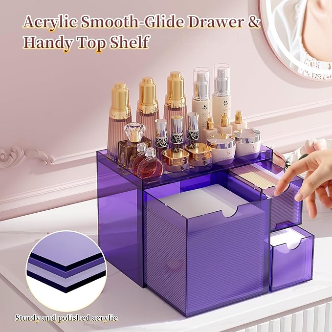 Youdepot Acrylic Face Towel Holder with Drawer – 4-Layer Disposable Face Towel Holder Organizer Box – Bathroom Countertop Storage for Cotton Pads, Swabs, and Skincare (Purple)