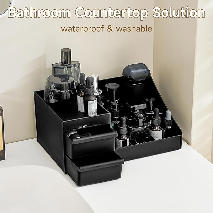 Large Black Vanity Organizer for Men, Countertop Cologne Organizer with Drawers, Perfume Stand & Mens Skincare Storage, Deodorant Display for Bathroom Bedroom Dresser, Ideal Gifts for Men