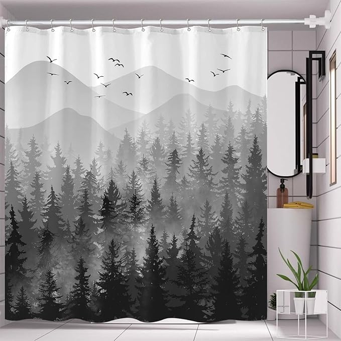 Accnicc Black Misty Forest Shower Curtain Ombre Gray Grey White Waterproof Fabric Shower Curtains for Bathroom Nature Pine Tree Mountain Woodland Decorative Bath Curtain Decor (72'' × 72'')
