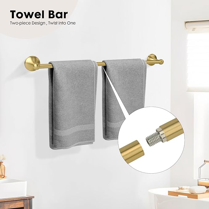 4 Piece Antique Bathroom Hardware Accessories Set Brushed Gold,24 Inch Towel Bar Set,Towel Rack Set,Bathroom Towel Holder Set