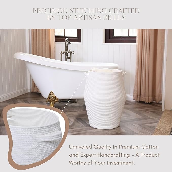 26" x 20" Handcrafted Tall Cotton Rope Basket with Lid, Stylish Flagon Shape with Cover, Clothes Hamper with Top, for Bedroom and Living Room, All White