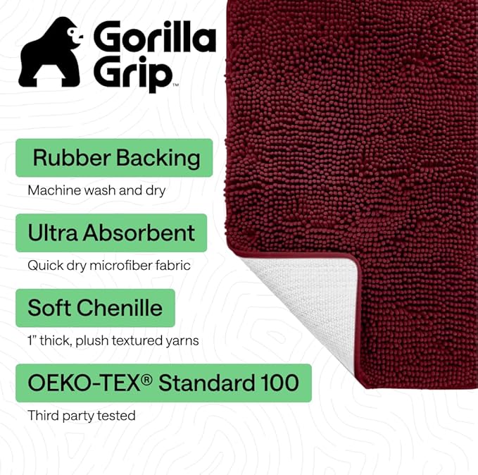 GORILLA GRIP Bath Rug Mat 48x17, Soft Absorbent Chenille, Quick Dry Microfiber Mats, Rubber Backing Washable Shower Floor Rugs, Bathmat Runner, US Designed Bathroom Home Decor Accessories Burgundy