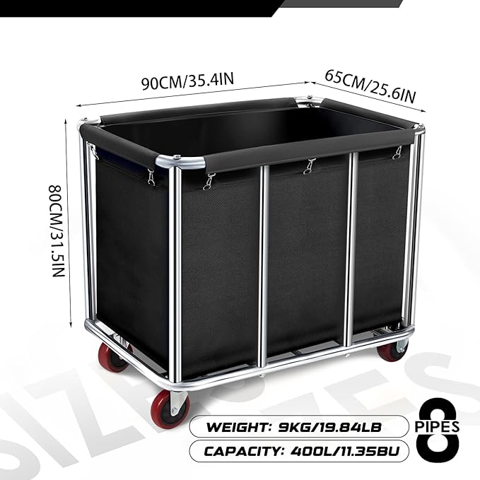 Commercial Laundry Cart with Wheels, 400L Large Rolling Laundry Cart with Steel Frame and Oxford Cloth, Heavy Duty Industrial Laundry Cart for Home,Hotel,Laundry Room, 441 lbs Load (Black-8)