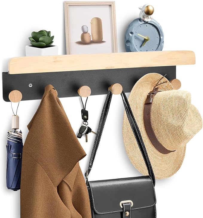 Gugxiom Wood & Metal Wall Mounted Coat Rack Shelf with Hooks, Pine Wood & Metal, Bathroom, Kitchen, Living Room, Entryways