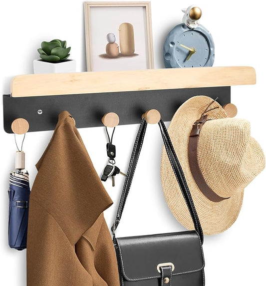 Gugxiom Wood & Metal Wall Mounted Coat Rack Shelf with Hooks, Pine Wood & Metal, Bathroom, Kitchen, Living Room, Entryways