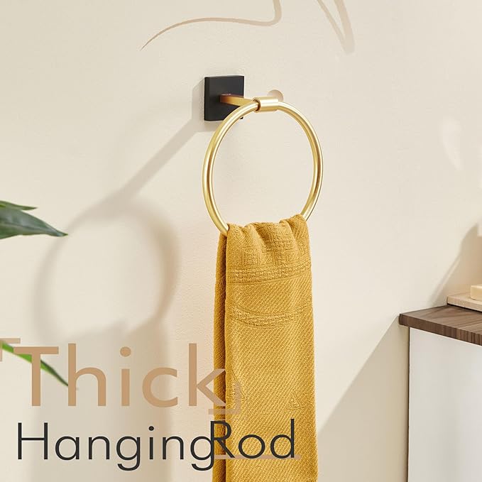 KOKOSIRI Hand Towel Holder Wall Mounted Towel Ring Bathroom Accessories Shower Towel Hanger Rack Stainless Steel Black with Gold, B3010GDK