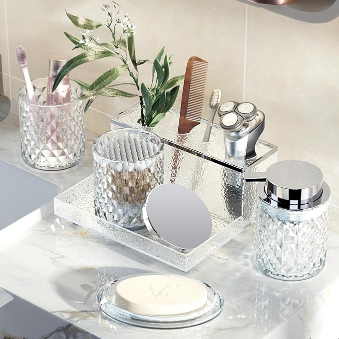 Glass Bathroom Accessories Set 5Pcs Crystal - Foaming Soap Dispenser, Soap Dish, Cup, Acrylic Toothbrush Holder with Tray Organizer, Qtip Jar, Bathroom Counter Set Sink Decor (Clear)