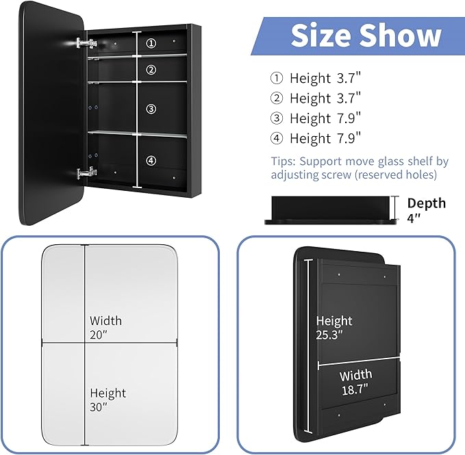 AGDULL Bathroom Wood Black Cabinet with 20''x30'' Curved Mirror, Recessed Medicine Cabinet, Bathroom Storage Cabinet