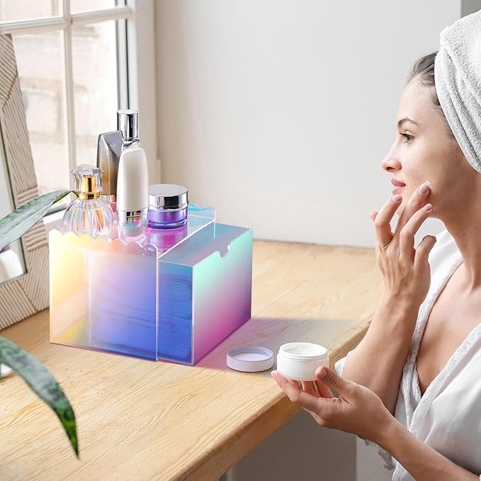 NiHome Iridescent Disposable Facial Towels Storage Box Fit for Clean Skin Club Towel XL, Acrylic Facial Clean Towels XL Holder Container Drawer Makeup Organizer for Bathroom, Vanity Makeup