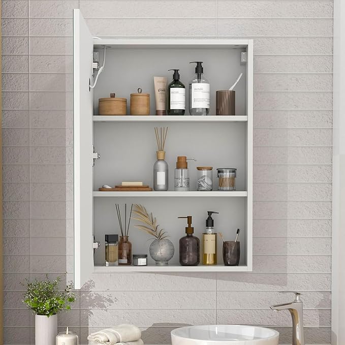 Lighted Medicine Cabinet Mirror for Bathroom,Led Medicine Cabinet with Defogger, Wall Mounted,LED Bathroom Mirror with Storage,20X28 Inch