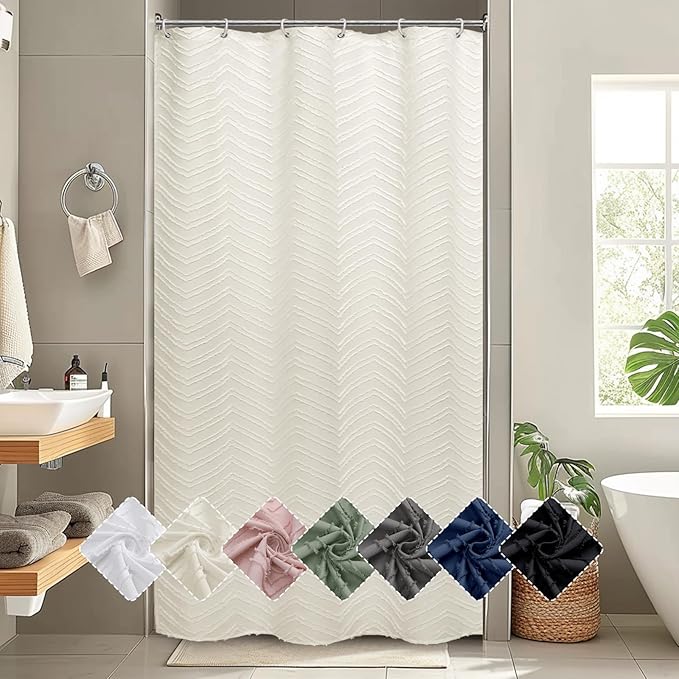 OVZME Beige Shower Curtain Fabric for Bathroom, Soft Fabric Shower Curtain Hotel Quality, Textured Tufted Chevron Striped Premium Polyester Protect Privacy Bath Decor, 36Wx72L Inches