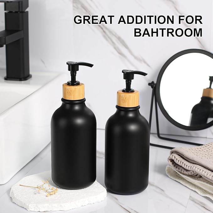 KASUNTING Black Soap Dispenser, 4 Pack Hand Soap Dispenser Bathroom with Bamboo Pump,17 Fl Oz Plastic Hand and Dish Dispenser Set for Kitchen, Refillable Liquid Soap and Lotion Dispensers Bottle