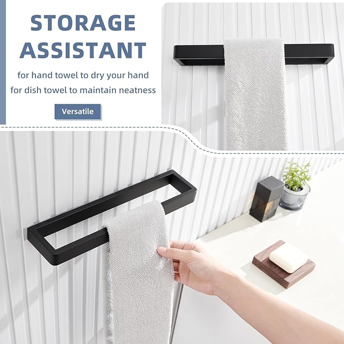 Angle Simple Hand Towel Holder for Bathroom, SUS 304 Stainless Steel Kitchen Towel Rack Hanger Wall Mounted 11.73" Matte Black