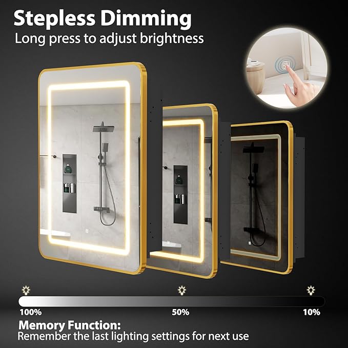 ROOMTEC Lighted Medicine Cabinet with Mirror 24"x30", Wall Mounted Bathroom Mirror with Storage, Single Doors Bathroom Wall Cabinet with LED Lights,Gold