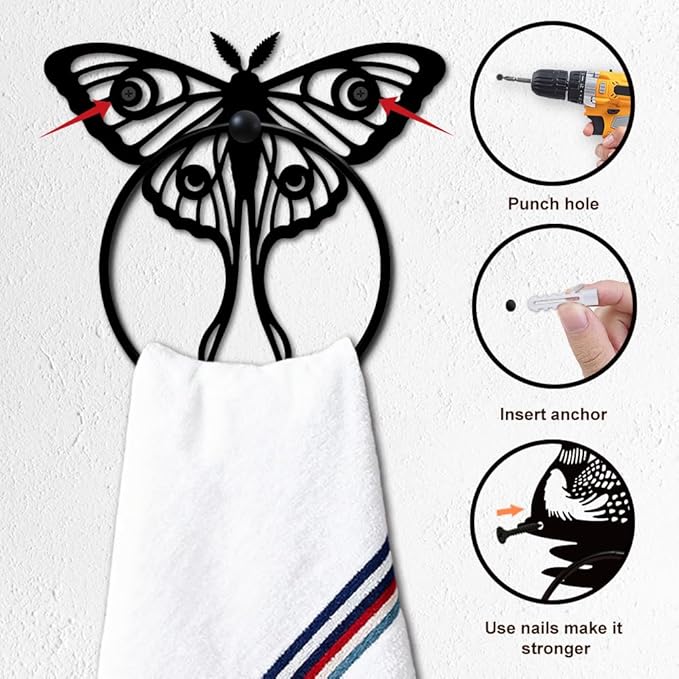 MAYJOYDIY Insects Metal Towel Ring Round Luna Moth Hand Towel Holder Ring Hanger Black Vintage Towels Wall Organizer for Kitchen Bath Home Laundry Room Decors Gifts