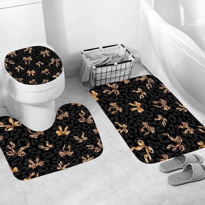 Onalasyc 4Pcs Black Brown Leopard Bow Print Shower Curtain Sets with Rugs, Sexy Modern Black Brown Leopard Bow Waterproof Bathroom Shower Curtain Decor Set with 12 Pcs Hooks,71 x 71in