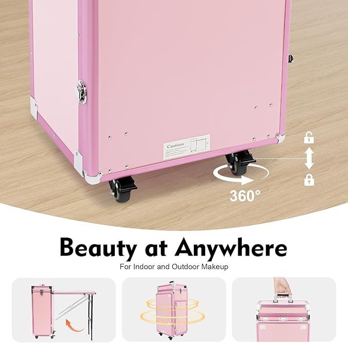 Portable Manicure Table Nail Foldable Nail Tables Travel Cosmetic Trolley Storage Organizer with 4 Drawers Mirror & Speaker Pink Artist Travel Organizer