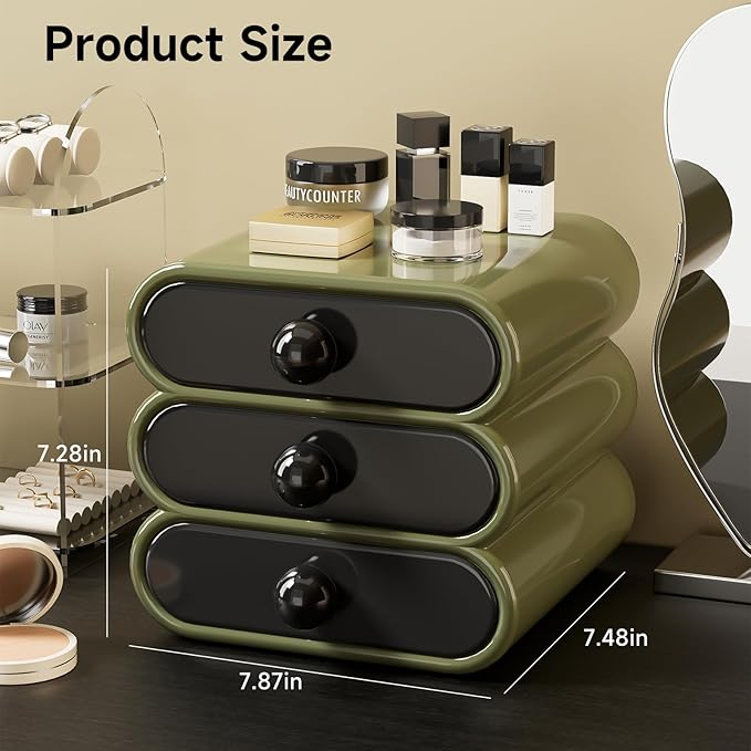 3-Drawer Desktop Organizer, Compact Vanity Drawer Organizer for Makeup, Small Plastic Drawer Containers for Bathroom, Cabinet