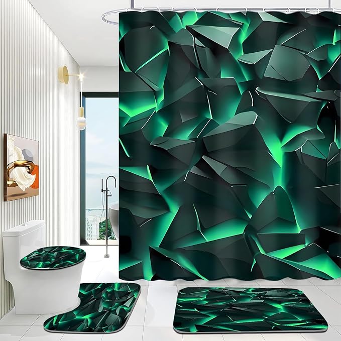 Yizheer 4Pcs Green Geometry Rock Modern Bathroom Shower Curtain Set with 12 Rustproof Hooks Bath Mat Toilet Cover U Shaped Mat- PEVA Material, 72x72 Inches, Bathroom Curtain for Bathtub (Green)