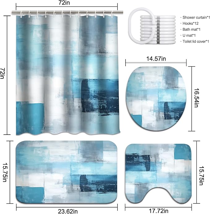 Lnond 4Pcs Bathroom Shower Curtain Sets with Rugs,Turquoise White Painting Art Bathroom Sets with Shower Curtain and Rugs and Accessories