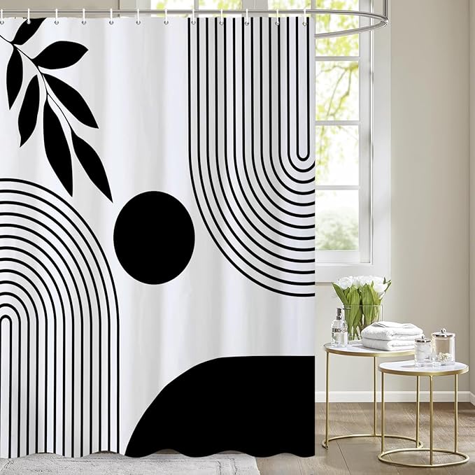 Extra Long Boho Shower Curtain Mid Century Modern Shower Curtains For Bathroom Black And White Geometric Minimalist Abstract Bohemian Waterproof Fabric Bathroom Shower Curtain Set 72x84 Inch