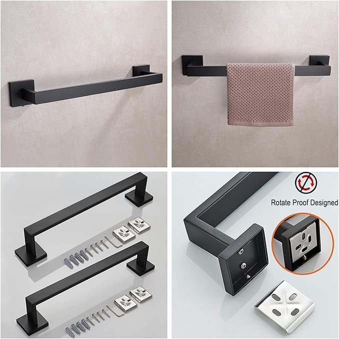 16 Inch Towel Bar 2 Pack for Bathrooms 12/16/20/24/28/32/36 Inch Stainless Steel 304 Matte Black Towel Holder Modern Square Towel Rod Rustproof Wall Mount (2, Matte Black, 16 Inch)