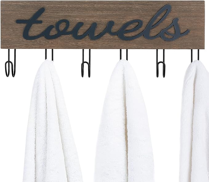 Mkono Towel Holder Wall Mounted Towel Rack Bathroom Decor Rustic Wood Towel Hooks to Hang Towels Bathroom Robe Coat Clothing, Bath Towel Hanger Storage Home Decor Organizer, Medium